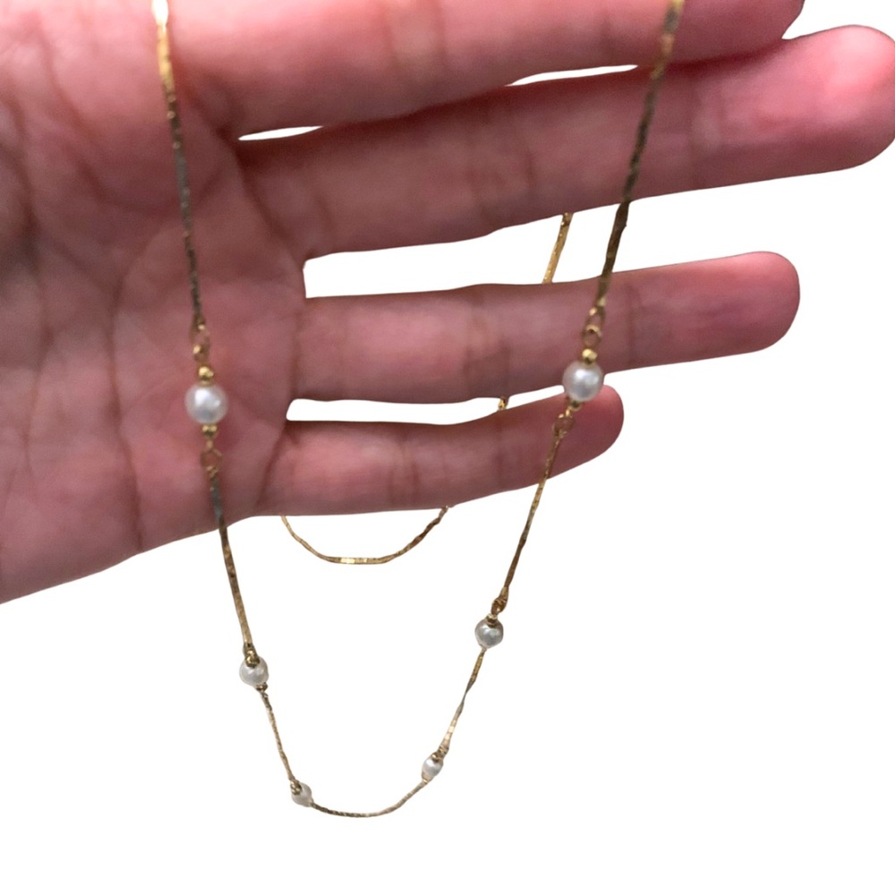 2/$30 Vintage Korean Gold Tone Pearl Long Chain Necklace Dainty Delicate Antique